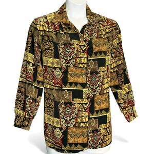 Vintage 90s Maggie Sweet Southwestern Aztec Print Blouse Gold Boho Oversized PM